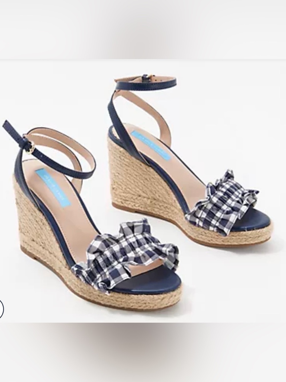 Navy Gingham‎ Ruffle Espadrille Wedge Sandals 8.5